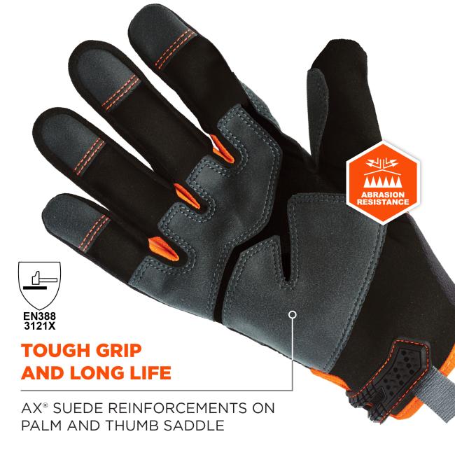 Close-up of black and gray glove with orange stitching, suede reinforcements, orange pull loops and an orange "abrasion resistance" hexagon badge