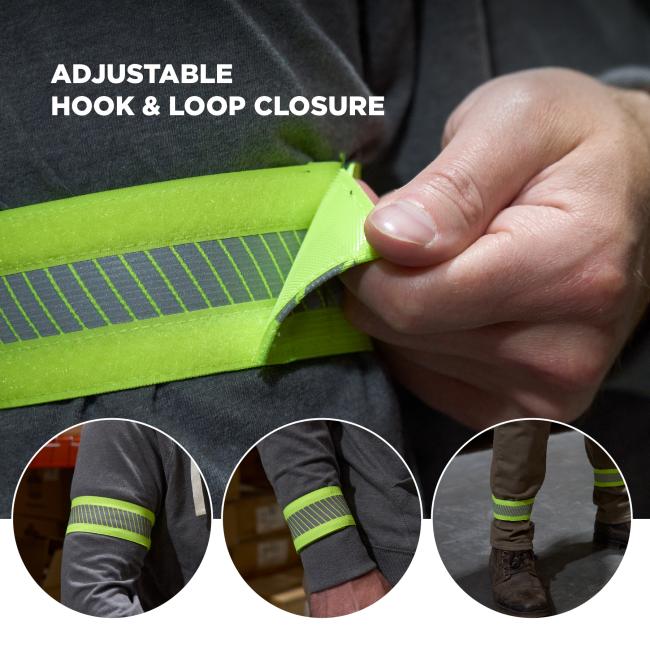 The adjustable hook and loop closure allows for a secure and customizable fit. The band can be worn comfortably on arms or legs for increased visibility in various work environments.