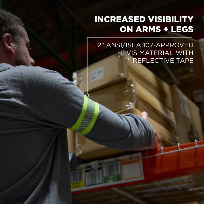 These bands increase visibility on arms and legs using 2-inch ANSI/ISEA 107-approved hi-vis material with a 1-inch reflective tape. They enhance safety in low-light or hazardous environments.
