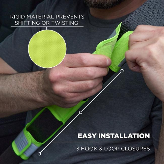 Installation is simple with three hook and loop closures that wrap securely around the seatbelt. The rigid material ensures a firm hold and helps prevent shifting or twisting during use.