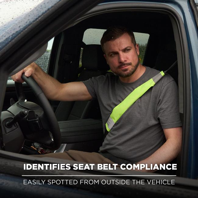 This high-visibility seatbelt cover helps identify seat belt compliance from outside the vehicle. It provides a clear visual cue that the driver is buckled in.