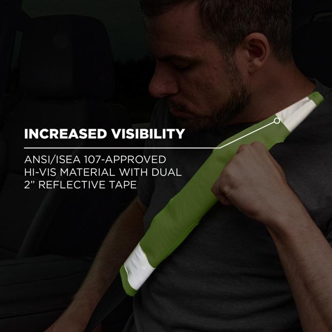 Made with ANSI/ISEA 107-approved hi-vis material, the seatbelt cover includes dual 2” reflective tape for enhanced visibility in low-light conditions. It improves safety by making drivers more noticeable, especially at night or in inclement weather.