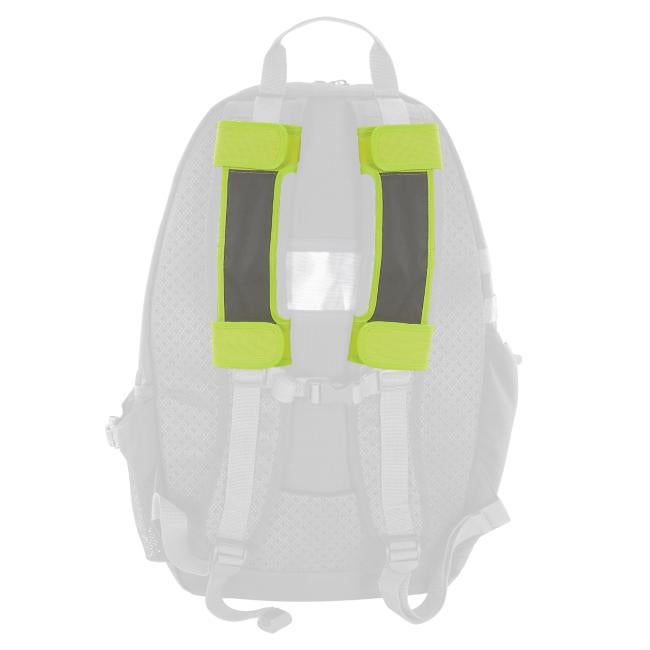 Pair of lime hi-vis strap covers on a faded backpack