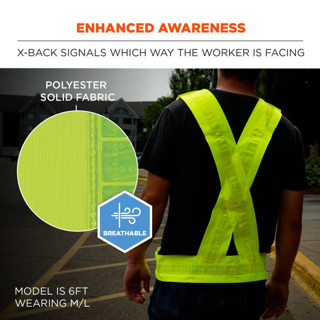 Rear view of person wearing neon yellow X-back reflective safety vest over dark shirt, fabric close-up circle and "breathable" badge visible