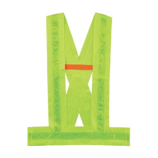 Neon yellow-green safety vest front with reflective vertical trim and a single orange horizontal band, laid flat on white