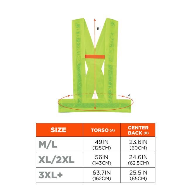Flat neon yellow-green high-visibility vest with orange horizontal strap, red measurement arrows and partial sizing chart below.
