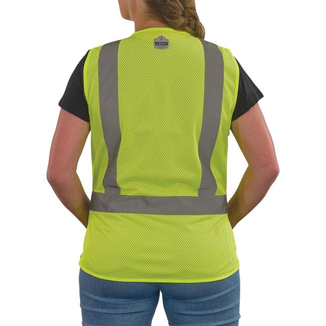 Back of lime class 2 women's hi-vis vest on model