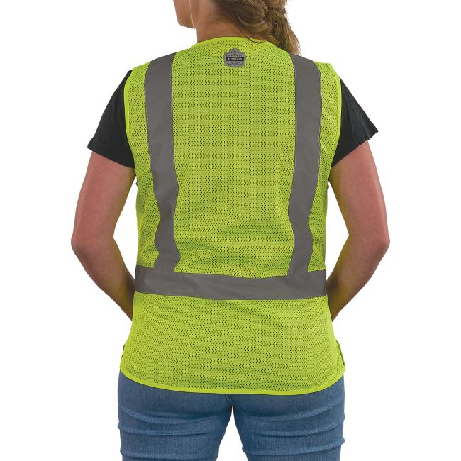 Back of lime class 2 women's hi-vis vest on model
