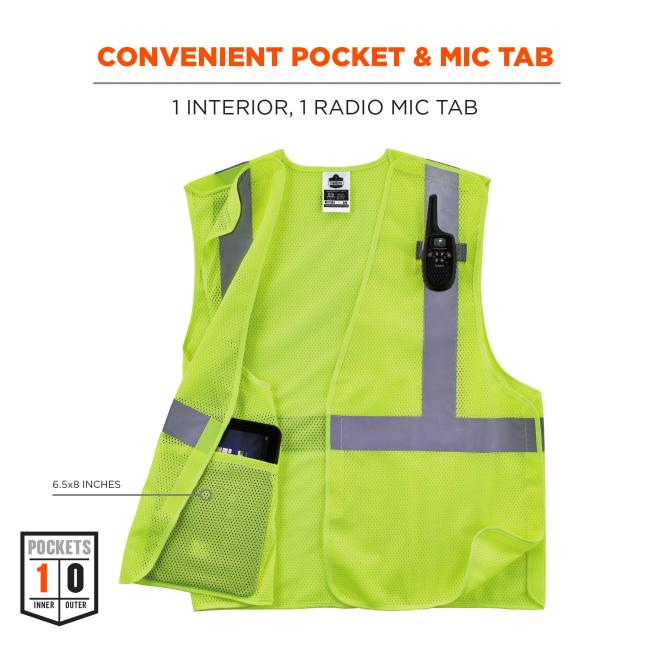 Convenient pocket & mic tab: 1 interior, 1 radio mic tab. Arrows point to pocket and saysÓ 6.5x8 inchesÓ. Icon on bottom left says POCKETS, 0 OUTER, 1 INNER