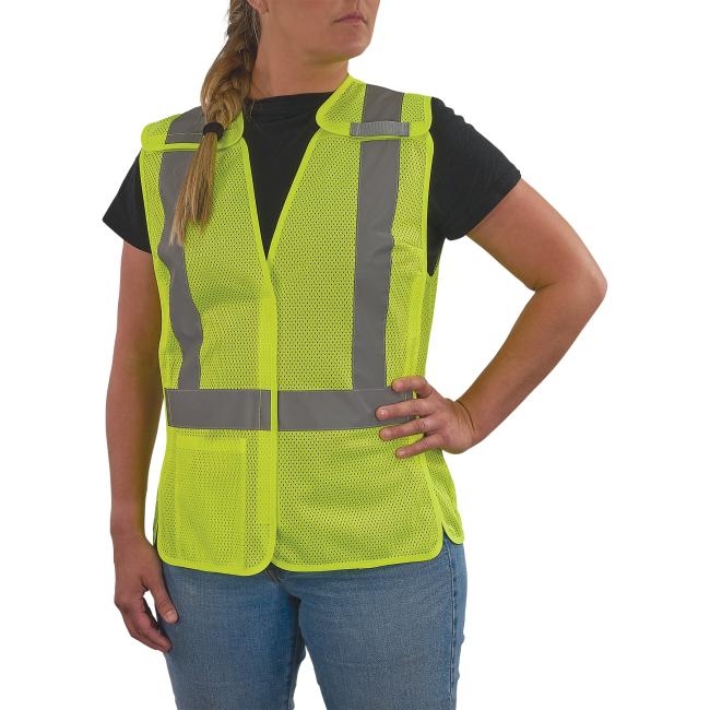 3q view of lime class 2 women's breakaway hi-vis vest on model