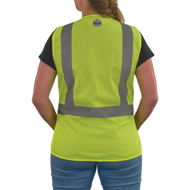 Back of lime class 2 women's breakaway hi-vis vest on model