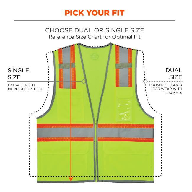 Pick your fit: choose dual or single size. Reference size chart for optimal fit. Single size: extra length, more tailored fit. Dual size: looser fit, good for wear with jackets.