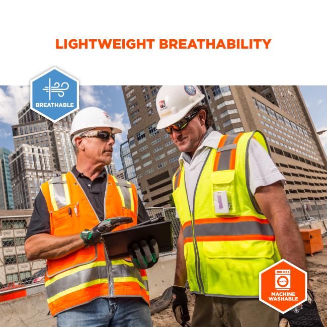 Lightweight breathability: Icons says BREATHABLE and MACHINE WASHABLE. Image shows two construction workers in vest.