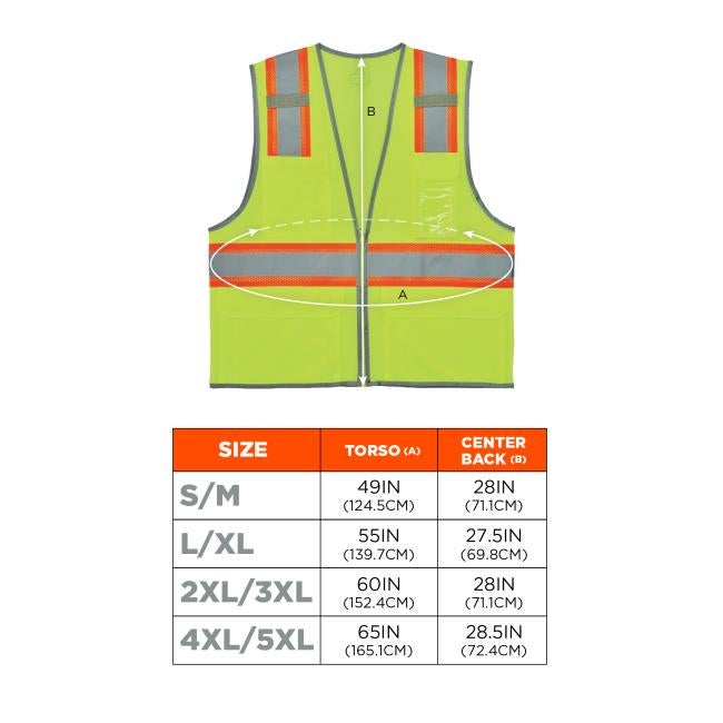 Front view neon yellow safety vest with gray reflective bands, orange trim, zipper front, chest pockets and white measurement arrows/labels