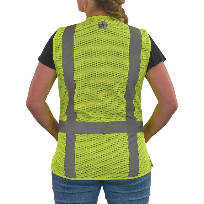 Back of lime class 2 women's hi-vis vest on model