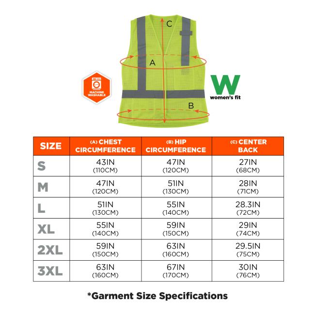 Size chart. Small (S): Chest 43IN (110CM), Hip 47IN (120CM), Center Back 27IN (68CM). Medium (M): Chest 47IN (120CM), Hip 51IN (130CM), Center Back 28IN (71CM). Large (L): Chest 51IN (130CM), Hip 55IN (140CM), Center Back 28.3IN (72CM). Extra Large (XL): Chest 55IN (140CM), Hip 59IN (150CM), Center Back 29IN (74CM). 2X Large (2XL): Chest 59IN (150CM), Hip 63IN (160CM), Center Back 29.5IN (75CM). 3X Large (3XL): Chest 63IN (160CM), Hip 67IN (170CM), Center Back 30IN (76CM).