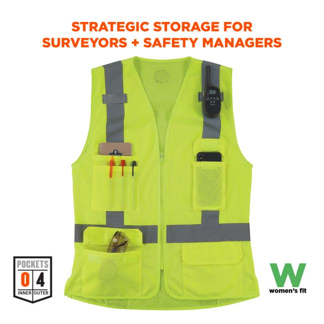 Designed for surveyors and safety managers, this vest includes 4 outer pockets (0 inner) for tools, pens, radios, and safety gear, supporting practical field utility.