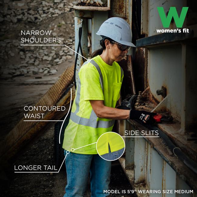 The women’s fit shirt is designed with narrow shoulders, a contoured waist, longer tail, and side slits for a more tailored and comfortable fit; shown worn by a 5'9" model in size medium.