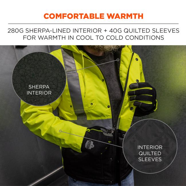 Comfortable warmth. 280g sherpa-lined interior and 40g quilted sleeves for warmth in cool to cold conditions. Sherpa interior and interior quilted sleeves