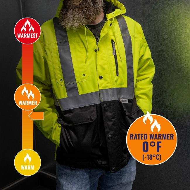 Torso of bearded person wearing neon yellow and black high-visibility jacket with reflective stripes and hood, hands in pockets, warmth rating badges.