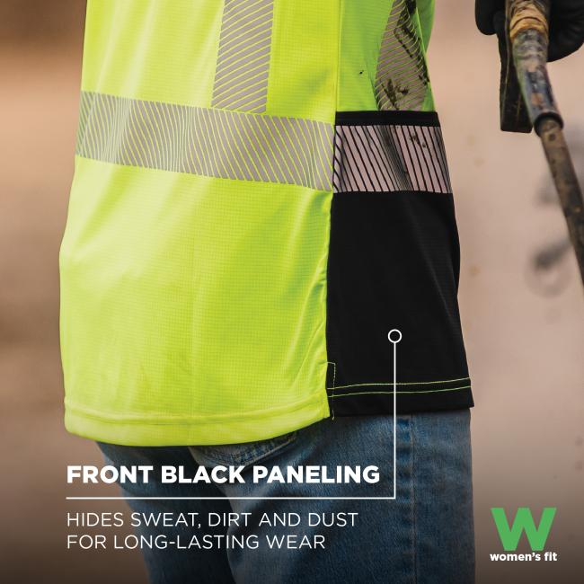 Front black paneling on the shirt, designed to hide sweat, dirt, and dust for long-lasting wear. The "W" logo indicates a women's fit.
