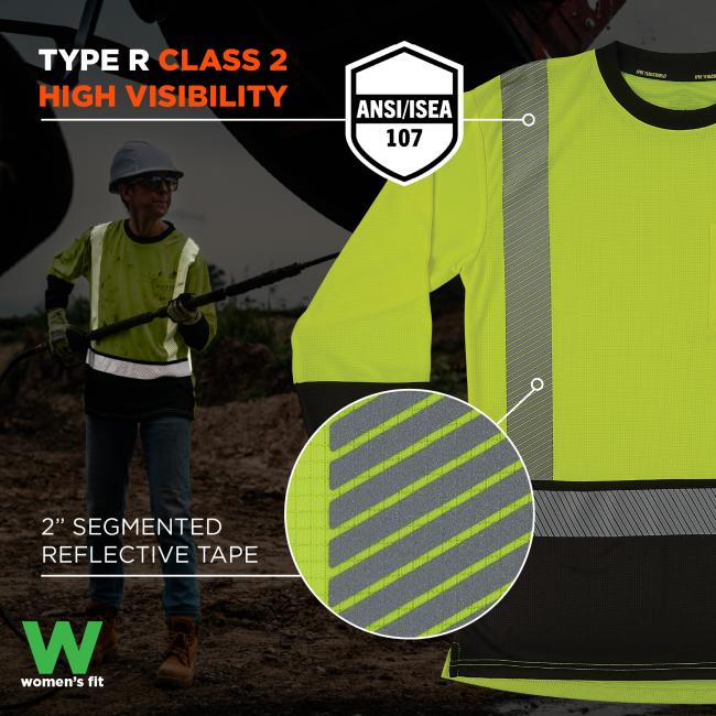 The shirt is certified for ANSI/ISEA 107 Type R Class 2 high visibility, featuring 2” segmented reflective tape for enhanced safety. The women's fit is also noted.