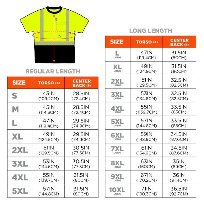 Size chart. For Regular Length: Small (S) has a torso measurement of 43 inches (109.2 cm) and a center back measurement of 28.5 inches (72.4 cm). Medium (M) has a torso measurement of 45 inches (114.3 cm) and a center back measurement of 28.5 inches (72.4 cm). Large (L) has a torso measurement of 47 inches (119.4 cm) and a center back measurement of 29.5 inches (74.9 cm). Extra Large (XL) has a torso measurement of 49 inches (124.5 cm) and a center back measurement of 29.5 inches (74.9 cm). 2X Large (2XL) h