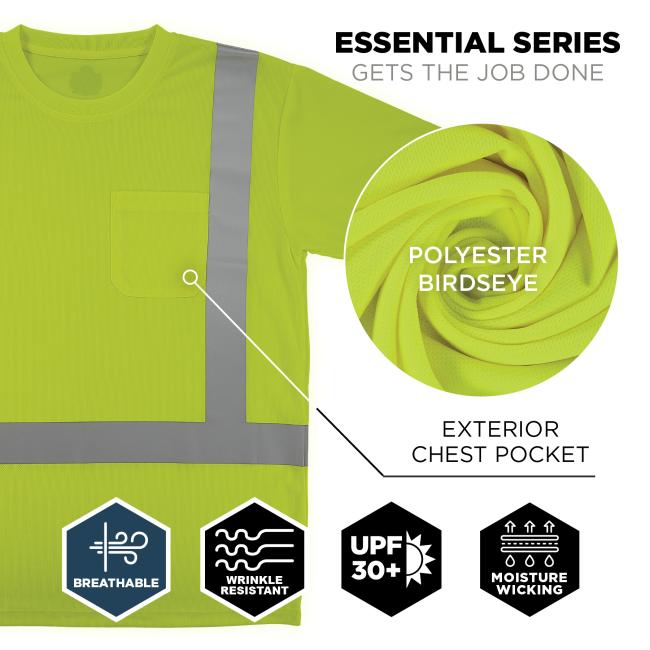 This hi-vis short sleeve t-shirt features an exterior chest pocket and is made from breathable, wrinkle-resistant polyester birdseye fabric with UPF 30+ protection and moisture-wicking capabilities.