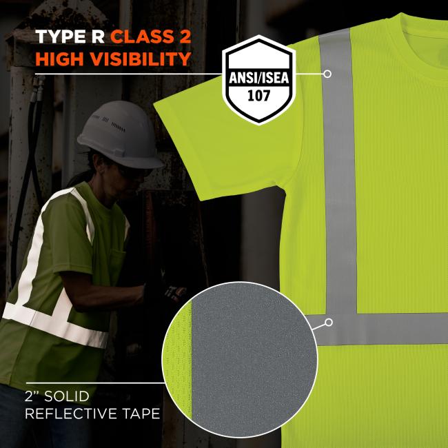 This garment meets ANSI/ISEA 107 standards as a Type R Class 2 high-visibility item and features 2-inch solid reflective tape for enhanced visibility in hazardous environments.