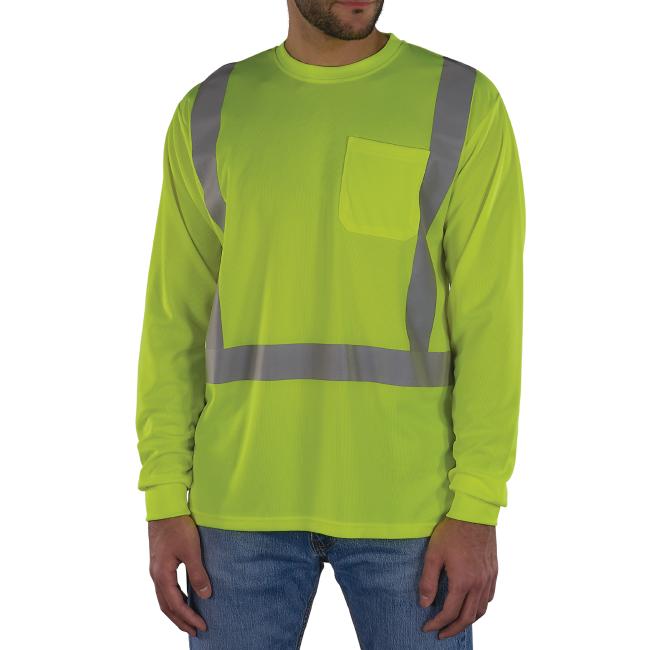 This long sleeve hi-vis shirt includes an exterior chest pocket and 2" reflective tape for added visibility. The design ensures comfort and compliance with visibility standards.
