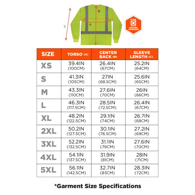 Size chart. Extra Small (XS): Torso 39.4IN (100CM) Center Back 26.4IN (67CM) Sleeve Length 25.2IN (64CM). Small (S): Torso 41.3IN (105CM) Center Back 27IN (68.5CM) Sleeve Length 25.6IN (65CM). Medium (M): Torso 43.3IN (110CM) Center Back 27.6IN (70CM) Sleeve Length 26IN (66CM). Large (L): Torso 46.3IN (117.5CM) Center Back 28.5IN (72.5CM) Sleeve Length 26.4IN (67CM).Extra Large (XL): Torso 48.2IN (122.5CM) Center Back 29.1IN (74CM) Sleeve Length 26.7IN (68CM). 2X Large (2XL): Torso 50.2IN (127.5CM) Center B
