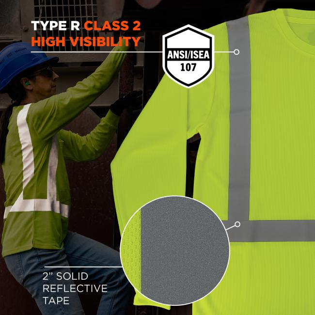 This garment meets ANSI/ISEA 107 Type R Class 2 standards and includes 2” solid reflective tape for enhanced visibility, suitable for safety-focused job environments.