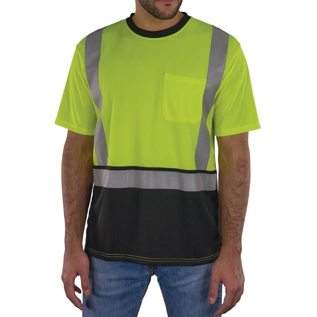 This high-visibility short sleeve t-shirt features black bottom paneling, an exterior chest pocket, and vertical/horizontal 2” reflective tape for improved visibility.