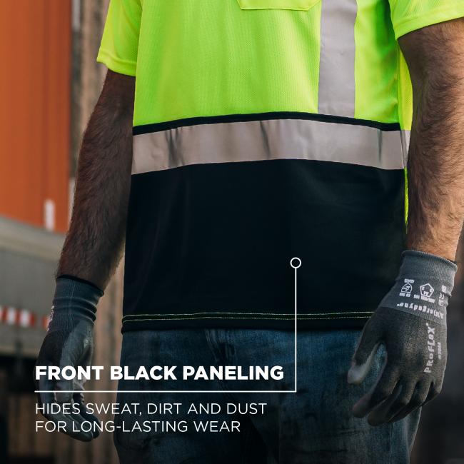 The front black paneling is designed to hide sweat, dirt, and dust—extending the life of the garment and maintaining a cleaner appearance during work.