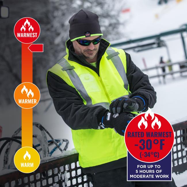 Jacket is rated warmest to -30 degrees fahrenheit or -34 degrees celsius for up to 5 hours of moderate work.