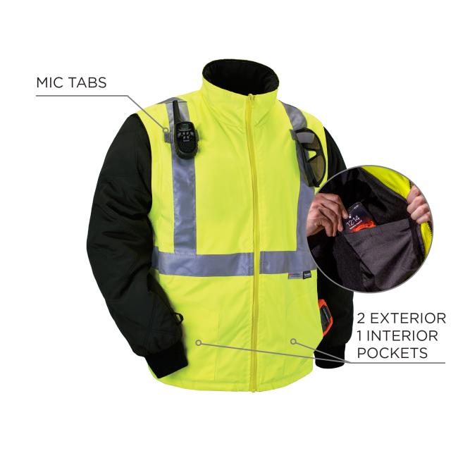 Mic tabs. ID badge holder. 2 exterior pockets and 1 interior pocket .