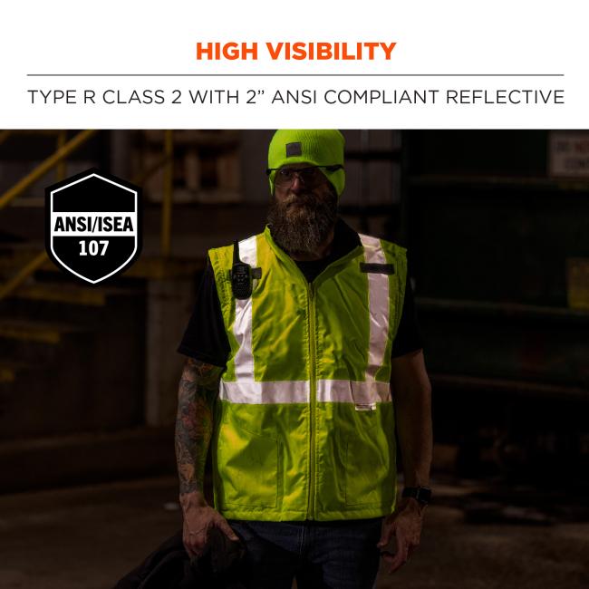 High visibility: type r class 2 with 2 inch ANSI/ISEA 107 compliant reflective.