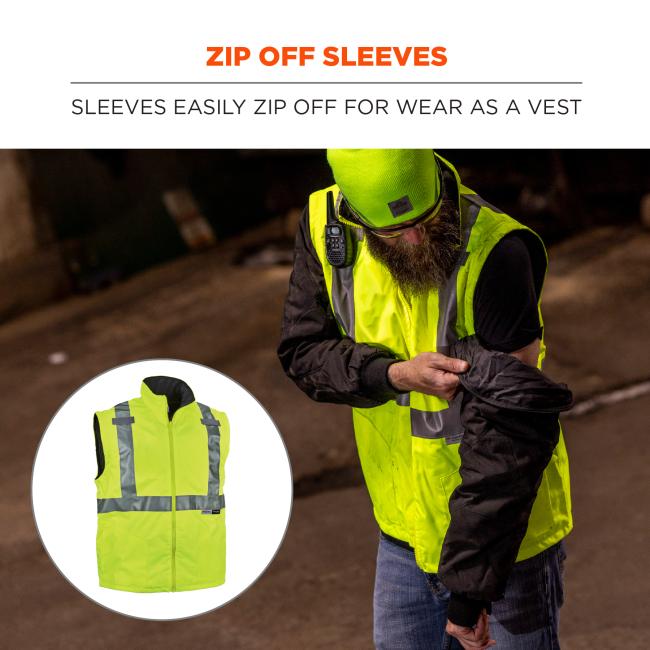 Zip off sleeves. Sleeves easily zip off for wear as a vest .