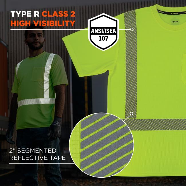 ANSI/ISEA 107 Type R Class 2 compliant with 2" segmented reflective tape for enhanced visibility.