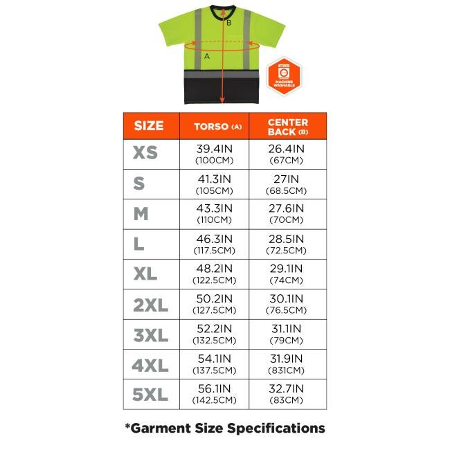 Size chart. XS: 39.4 in (100 cm) torso, 26.4 in (67 cm) center back. S: 41.3 in (105 cm) torso, 27 in (68.5 cm) center back. M: 43.3 in (110 cm) torso, 27.6 in (70 cm) center back. L: 46.3 in (117.5 cm) torso, 28.5 in (72.5 cm) center back. XL: 48.2 in (122.5 cm) torso, 29.1 in (74 cm) center back. 2XL: 50.2 in (127.5 cm) torso, 30.1 in (76.5 cm) center back. 3XL: 52.2 in (132.5 cm) torso, 31.1 in (79 cm) center back. 4XL: 54.1 in (137.5 cm) torso, 31.9 in (81 cm) center back. 5XL: 56.1 in (142.5 cm) torso,