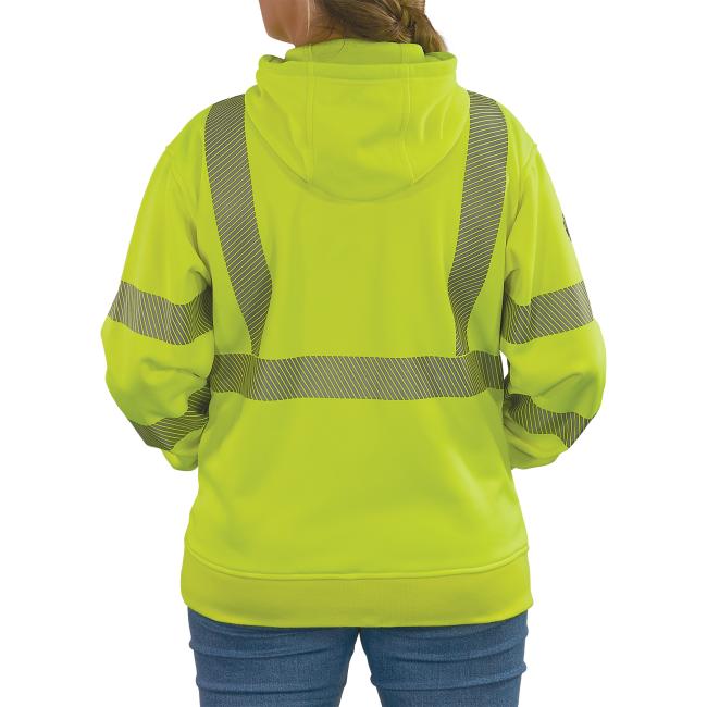 Back of lime class 3 womens hi-vis hooded sweatshirt on model