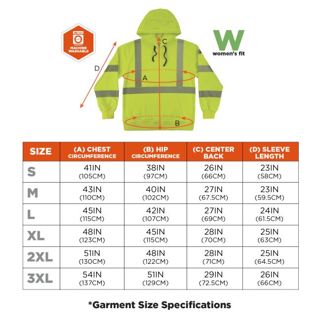 Size chart. Small (S): Chest 41IN (105CM), Hip 38IN (97CM), Center Back 26IN (66CM), Sleeve Length 23IN (58CM). Medium (M): Chest 43IN (110CM), Hip 40IN (102CM), Center Back 27IN (67.5CM), Sleeve Length 23IN (59.5CM). Large (L): Chest 45IN (115CM), Hip 42IN (107CM), Center Back 27IN (69CM), Sleeve Length 24IN (61.5CM). Extra Large (XL): Chest 48IN (123CM), Hip 45IN (115CM), Center Back 28IN (70CM), Sleeve Length 25IN (63CM). 2X Large (2XL): Chest 51IN (130CM), Hip 48IN (122CM), Center Back 28IN (71CM), Slee