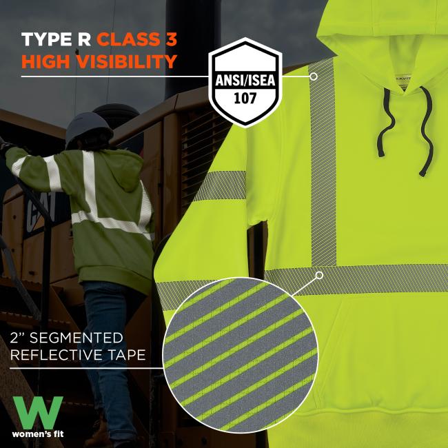 This sweatshirt is certified as Type R Class 3 for high visibility under ANSI/ISEA 107 standards and features 2" segmented reflective tape for increased safety in low-light environments.