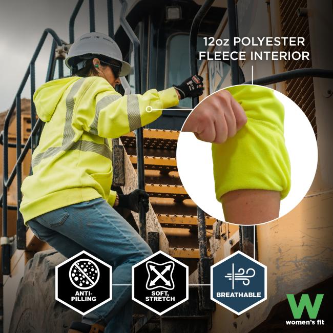 This women's fit sweatshirt features a 12oz polyester fleece interior that is anti-pilling, offers soft stretch, and is breathable for enhanced comfort on the job.