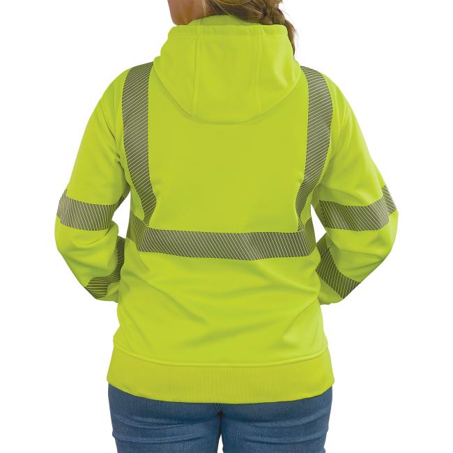 Back of lime class 3 hi-vis zip-up hoodie on model