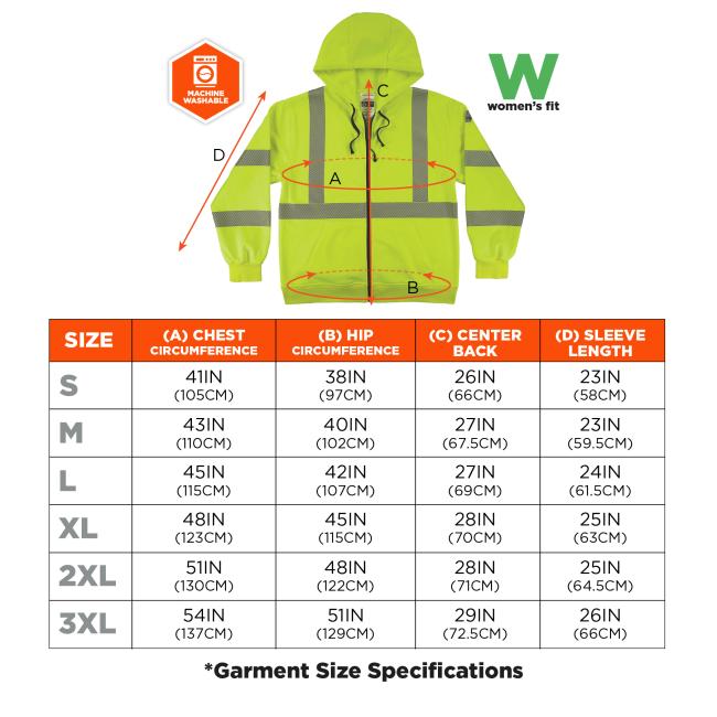 Size chart. Small (S): Chest 41IN (105CM), Hip 38IN (97CM), Center Back 26IN (66CM), Sleeve Length 23IN (58CM). Medium (M): Chest 43IN (110CM), Hip 40IN (102CM), Center Back 27IN (67.5CM), Sleeve Length 23IN (59.5CM). Large (L): Chest 45IN (115CM), Hip 42IN (107CM), Center Back 27IN (69CM), Sleeve Length 24IN (61.5CM). Extra Large (XL): Chest 48IN (123CM), Hip 45IN (115CM), Center Back 28IN (70CM), Sleeve Length 25IN (63CM). 2X Large (2XL): Chest 51IN (130CM), Hip 48IN (122CM), Center Back 28IN (71CM), Slee