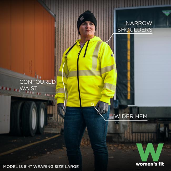 Tailored specifically for women, this sweatshirt offers a contoured waist, narrow shoulders, and wider hem for a flattering and functional fit, demonstrated by a 5'4" model wearing a size large.