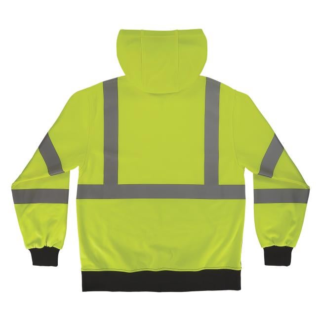 Back of lime class 3 hi-vis hooded sweatshirt with hood up