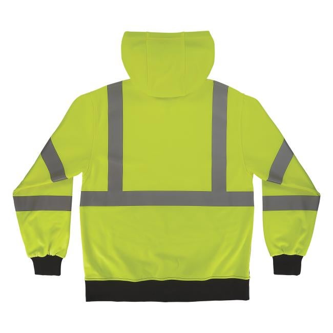 Back of lime class 3 hi-vis zip-up hoodie with hood up