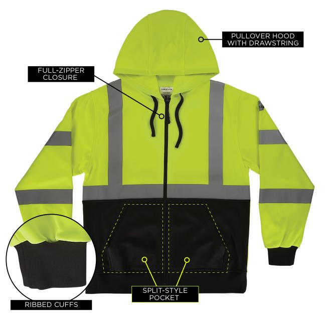 This essential hoodie includes a pullover hood with drawstring, full-zipper closure, ribbed cuffs, and a split-style front pocket for both convenience and comfort in high-visibility workwear.